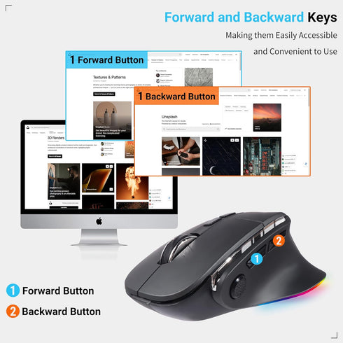 Ergonomic Bluetooth Vertical Wireless Mouse, LED Rechargeable Optical Mice, Dual Mode 1000/1600/2400 DPI, 8 Buttons