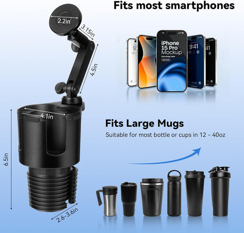 Hiitytin 2-in-1 360 Magnetic Car Cup Holder Phone Holder, Cup Holder Extender for Car, Universal Magsafe Cupholder Car