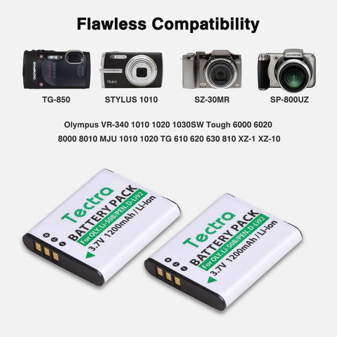 Tectra 2-Pack Li-50B D-LI92 Batteries with LED USB Charger for Olympus VR-340 1010 1020 1030SW Tough 6000