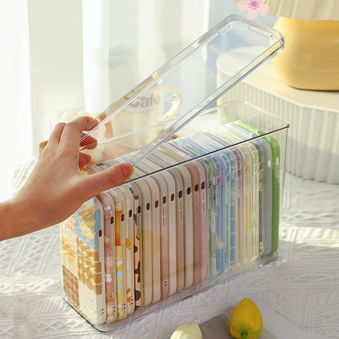 Cell Phone Case Storage Box, Multifunctional Plastic Organizer with Lid for Basic Cases, Clear Storage Holder for Desk,