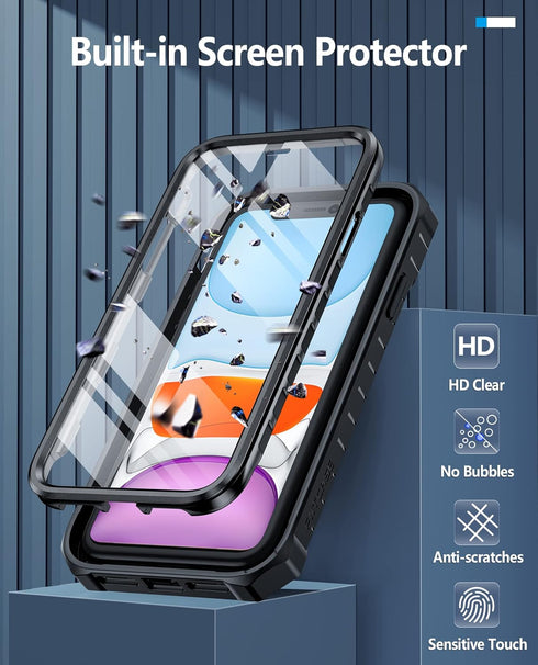 FNTCASE iPhone 11 Case: Shockproof Military Grade, Dual Layer Protection, Kickstand, Matte Textured, 6.1" Black.