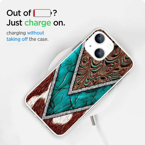 iPhone 15 Case - Western Cowhide Turquoise & Brown Animal Print, Shockproof TPU Cover for Women & Girls, Unique Design.