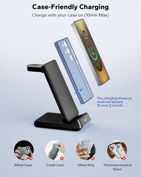 KPON 3 1 S26/S25/S25 Ultra/S24/Z in Charging Station for Samsung, Wireless Charger for Thick Cases, Foldable Phone