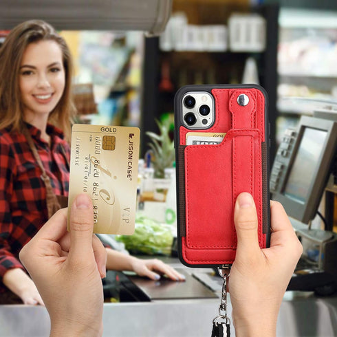 TOOVREN Compatible iPhone 12/iPhone 12 Pro Case, Slim Designer Wallet Protective Case with Card Holder (Red)