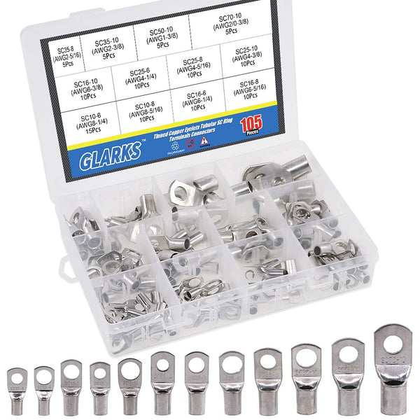 Glarks 105Pcs 12 Type Heavy Duty Wire Lugs Battery Cable Tinned Copper Eyelets Tubular SC Ring Terminals Kit