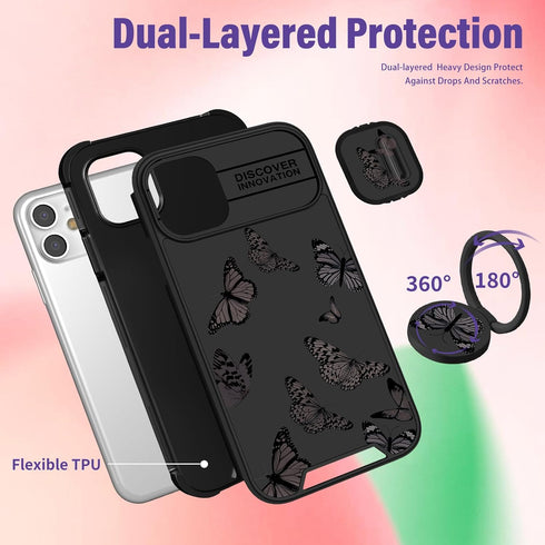 Cute 2-in-1 iPhone 11 Case for Women - Black Butterfly Design, Camera Cover & Ring Stand, Aesthetic Kawaii Funda.