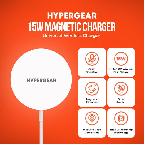HyperGear Magnetic Fast Wireless Charger - Portable MagSafe Charging Pad for iPhone Series & Qi-Enabled Devices - White