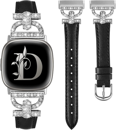 Minyee Leather Bands for Fitbit Versa 4/Versa 3/Sense 2, Dressy Bling Slim Leather Strap with D-shaped Diamonds Metal