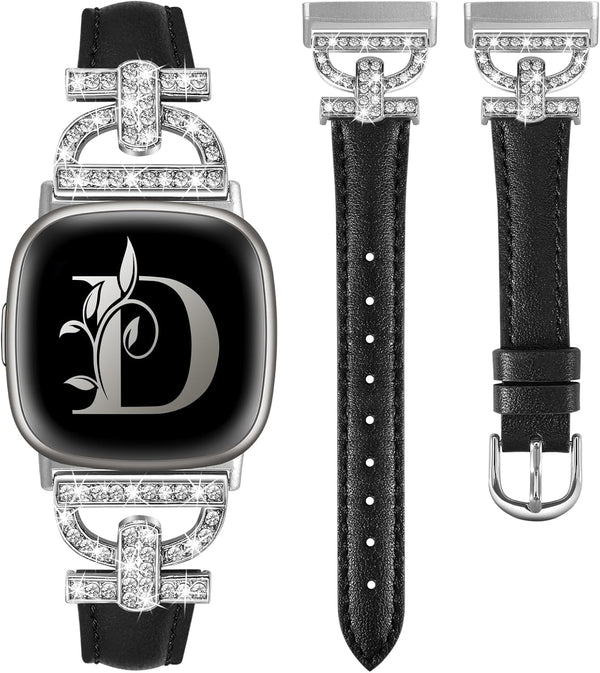 Minyee Leather Bands for Fitbit Versa 4/Versa 3/Sense 2, Dressy Bling Slim Leather Strap with D-shaped Diamonds Metal