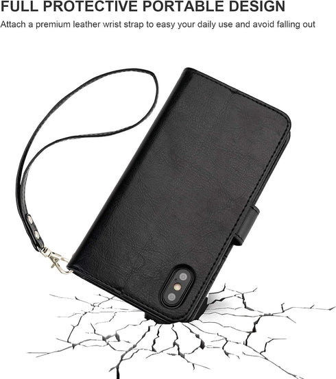 Bocasal Wallet Case for iPhone Xs Max with Card Holder, PU Leather, Magnetic Detachable Kickstand, Shockproof, Wrist