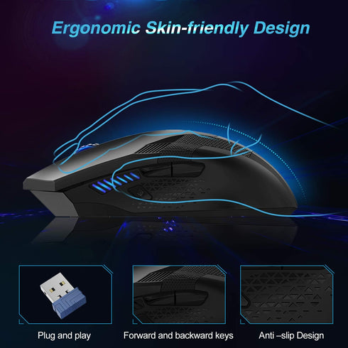TECKNET Wireless Mouse, USB Cordless Computer Mouse with 8 Buttons, Ergonomic Design, High-Precision 5 Adjustable DPI