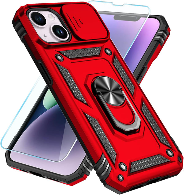 SunStory iPhone 13/14 Case (Red) - Military-Grade, HD Screen Protector, Slide Camera Cover & Kickstand.