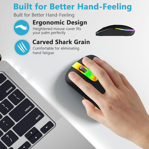HZD LED Wireless Mouse, Slim Silent Rechargeable Optical Mouse with Type C Adapter, 3 Adjustable DPI Levels