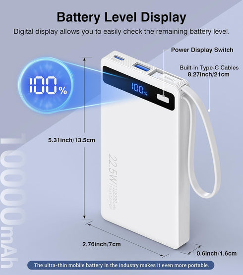 TEMINICE 2 10000mAh, 22.5W Pack, 17 16 15 Power Bank with Built-in Cables PD Slim Portable Charger USB C Battery Travel
