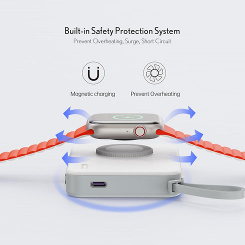 pzoz 5000mAh Portable Magnetic Small Mini Power Bank Battery Pack with Apple Watch Wireless Charger, Built-in Cable