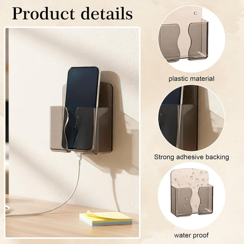 Eldraqth 2 Pcs Wall Mount Phone Holder, Phone Stand with Self Adhesive, Clear Smartphone Stands with Charging Hole