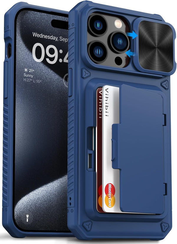 Vihibii iPhone 15 Pro Max Wallet Case, Blue: Card Holder (4 Cards), Kickstand, Slide Lens, Shockproof, Raised Edges.