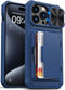 Vihibii iPhone 15 Pro Max Wallet Case, Blue: Card Holder (4 Cards), Kickstand, Slide Lens, Shockproof, Raised Edges.