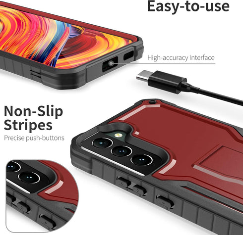 ExoGuard for Samsung Galaxy S22 Plus Case, Rubber Shockproof Heavy Duty Case with Screen Protector for Samsung S22 Plus Phone, Built-in Kickstand (Red)