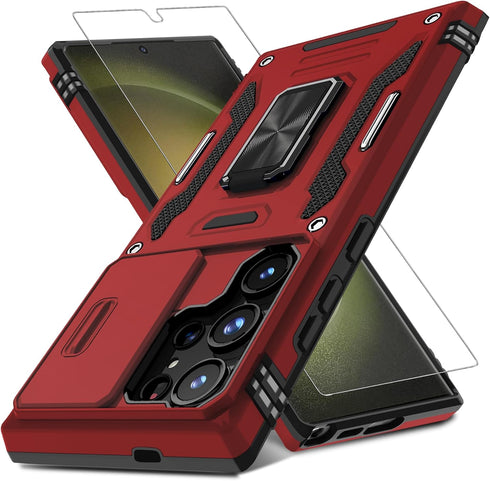 DEERLAMN Galaxy S24 Ultra Case - Red, Military Grade Shockproof, Slide Camera Cover, Screen Protector & Rotated Ring