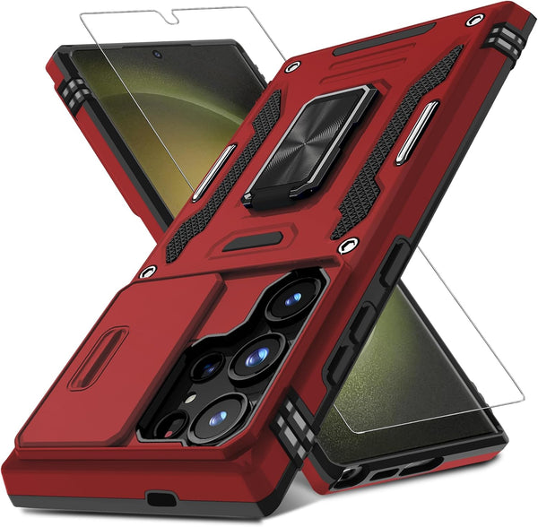 DEERLAMN Galaxy S24 Ultra Case - Red, Military Grade Shockproof, Slide Camera Cover, Screen Protector & Rotated Ring