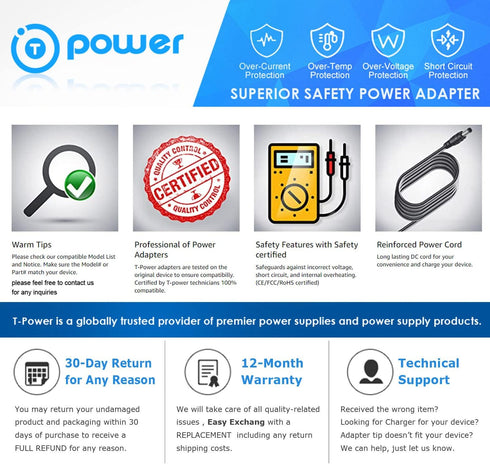 T-Power Charger for Samsung Odyssey G7 22V-24V 27" 34" Curved Ultrawide QHD Monitor | AC DC Adapter