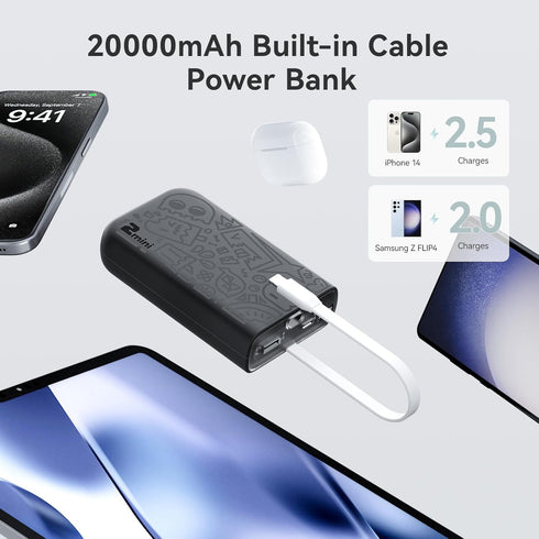 imuto Graffiti Style Portable Charger with Built-in Lightning Cable, 22.5W Fast Charging 20000mAh Power Bank, Travel