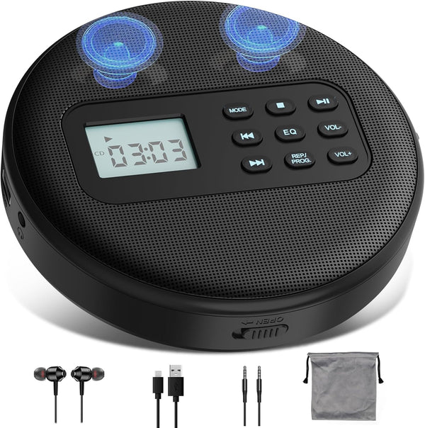 Kuephom Portable CD Player with Headphones and Built-in Speakers: Rechargeable Discman with Anti-Skip