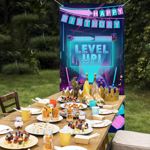 Video Game Happy Birthday Party Door Banner, Level Up Background for Boys Gamer Room Themed Birthday Decoration, 70.8 x