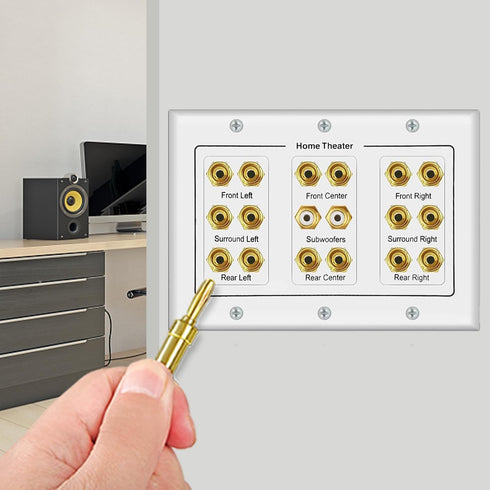 16 Banana Post and 2 RCA Speaker Wall Plate for Home Theater Audio, Compatible with 5 6 7.1/7.2 or 8.1/8.2 Subwoofers