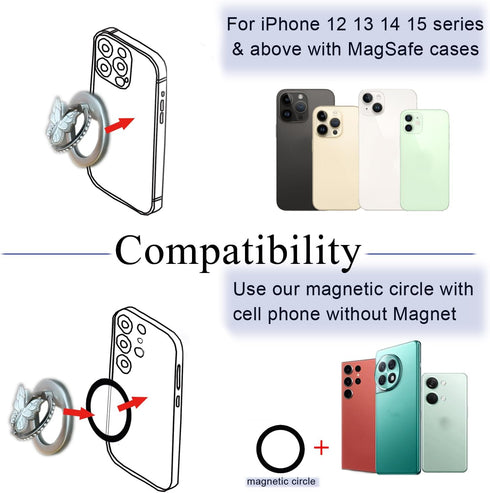 Magnetic Phone Ring Holder Compatible with MagSafe Grip, Adjustable Angle Butterfly Phone Ring Stands, Silver