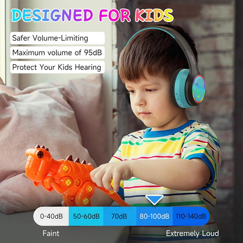 IFECCO Wireless Kids Headphones with Microphone, Cute Light Up Dinosaur Bluetooth Headphones with Case for Travel Gifts