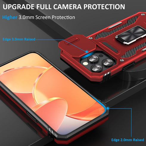 iPhone 15 Pro Max Case with Slide Camera Cover & Finger Ring Holder, Magnetic Car Mount Compatible (Red)