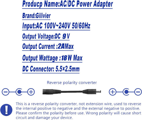 Gilivier 9V 2A 100-240V 9 2000mA 1500mA 1000mA 800mA 500mA 18W 5.5x2.5mm/2.1mm DC Power Supply AC Adapter with Polarity