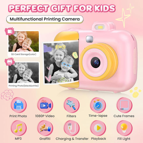 Instant Print Digital Camera for Kids, 32GB Card, FHD 1080P Video, Portable Toy