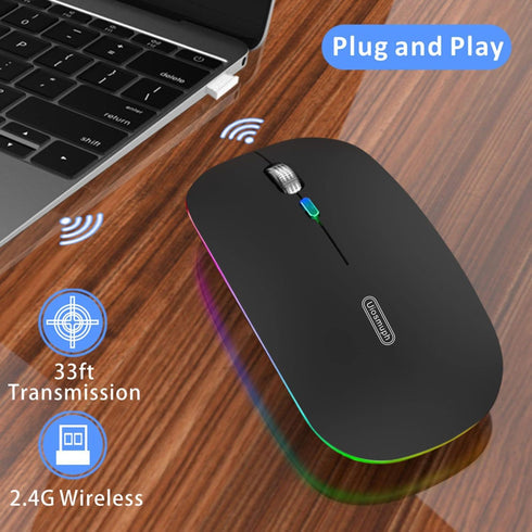 Uiosmuph LED Wireless Mouse, G12 Slim Rechargeable Silent Mouse, 2.4G Portable USB Optical Mice, Matte Black