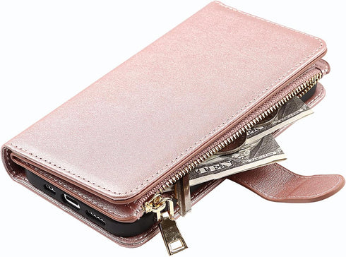 Jaorty Wallet Case for iPhone 12 Pro, 9 Card Slots, Wrist Strap, Zipper Cash Pocket, Magnetic Leather Cover, Rosegold