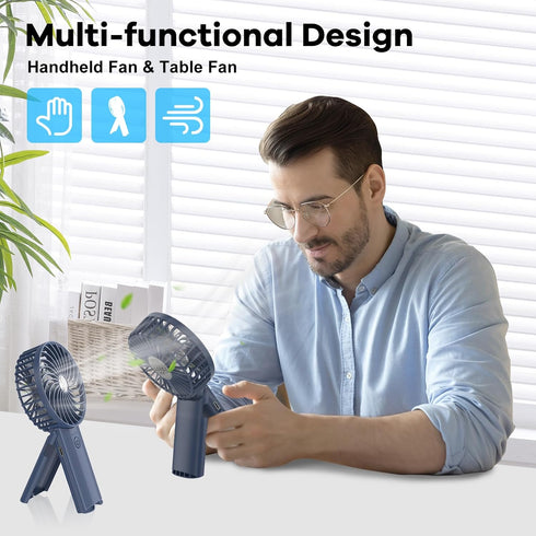 Portable Fan, 4-Speed Adjustable Battery-Operated Fan, USB Rechargeable Desk Fan, Handheld Fan for Travel, Deep Blue