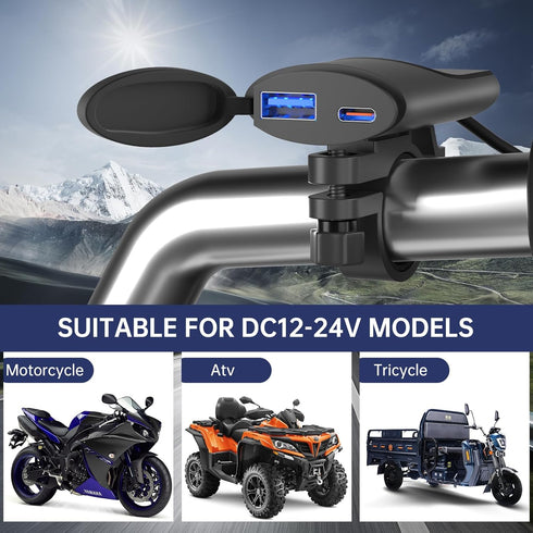 Motorcycle USB Charger, 12-Volt USB-A and USB-C Dual Charging Port for Handlebar, Waterproof 12V Power Accessories