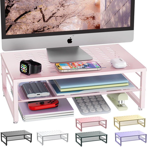 gianotter 2-Tier Metal Monitor Stand Riser, Desk Accessories & Workspace Organizer for Office Supplies, Pink