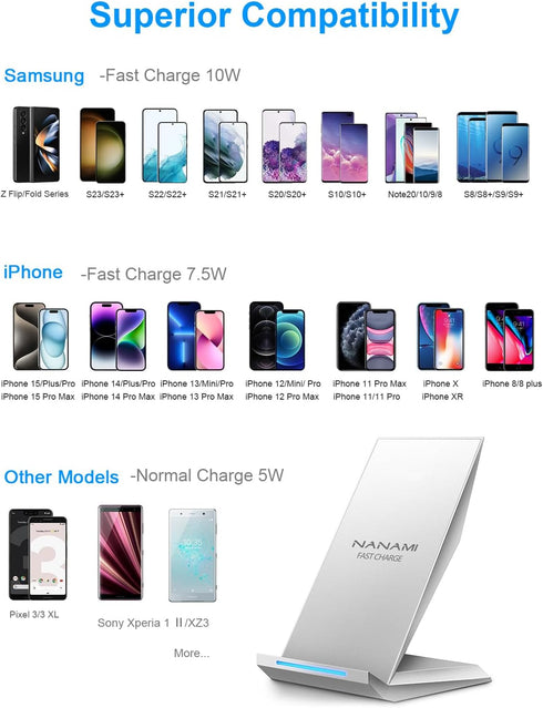 Fast Wireless Charger, NANAMI Qi Certified Wireless Charging Stand Compatible iPhone 15/14/13/12/11 Pro/XS Max/XR/8, Samsung Galaxy S24/S23/S22/S21/S20/S10/S9/Note 20 Ultra/10/9 and Qi-Enabled Phone