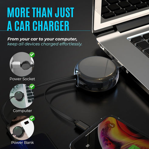 2-in-1 Retractable Car Charger for iPhone and Android, Modern Car Charger with Retractable Cord 15W Fast Charging