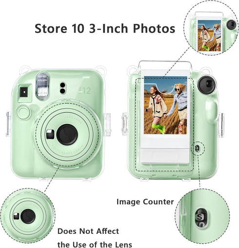 Rieibi Clear Case Compatible with Fuji Instax Mini 12, Polaroid Hard Carrying Case Bag for Fujifilm Instax Mini 12 Instant Camera, PC Cover with Photo Storage Pocket & Shoulder Strap