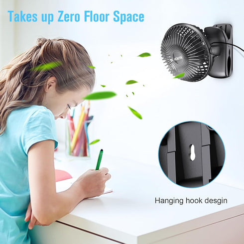 HONYIN 720° Rotation Small Desk Clip-on Fan, 3 Speeds Quiet Personal Cooling Fan for Bedroom and Office