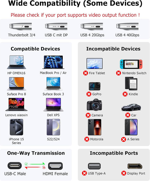 Glomtheia 2 1 2 4K@30Hz 4K@60Hz Dual HDMI Adapter for Monitors Extended Display in Out, USB C to HDMI Splitter