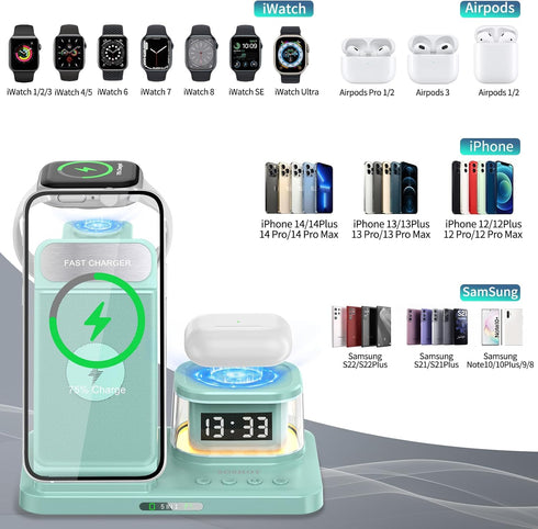 5 in 1 Foldable Wireless Fast Charger with Night Light Transparent Clock for Apple Devices, iPhone 15/14/13/12/11 Pro