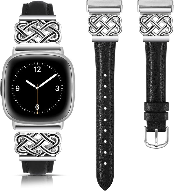 TOYOUTHS Leather Band for Fitbit Versa 4/3/Sense 2, Slim Thin Dressy Designer Premium Leather Strap with Interlock