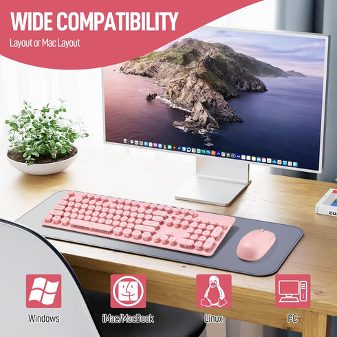 Wireless Keyboard and Mouse Combo - Full Size Compact Quiet Set 2.4G Ultra-Thin Design for Windows, PC, Laptop, Pink.
