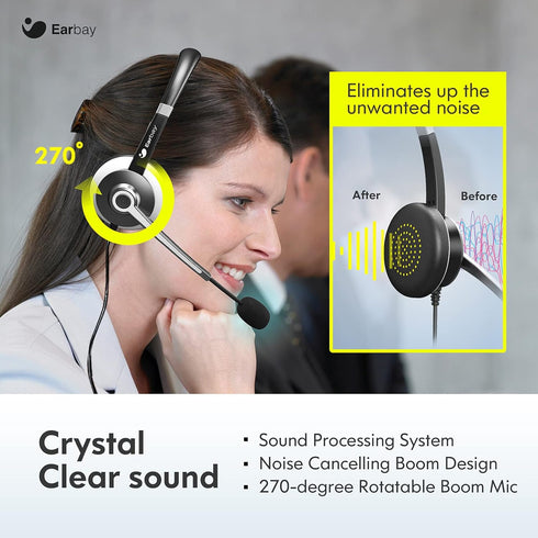 Earbay USB Headset with Microphone for PC, Noise Cancelling Computer Headset with 3.5mm Jack On-Ear Wired Headphones