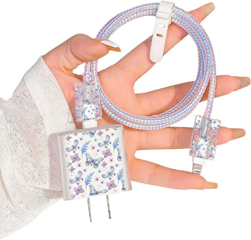 Cute Cable Protector for iPhone Charger, Violet Blue Butterfly Design, Data Cable USB Case Saver for iPhone Models